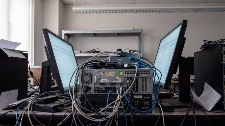 AI provenance testing lab with networked stations for model output, file conversion, and CMS ingestion under cool monitor glow.
