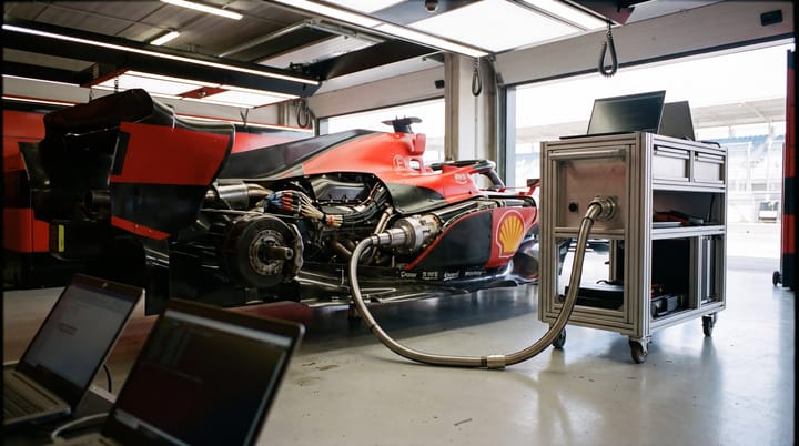 Ferrari Formula 1 car connected to telemetry trolley in brightly lit Zandvoort team garage.