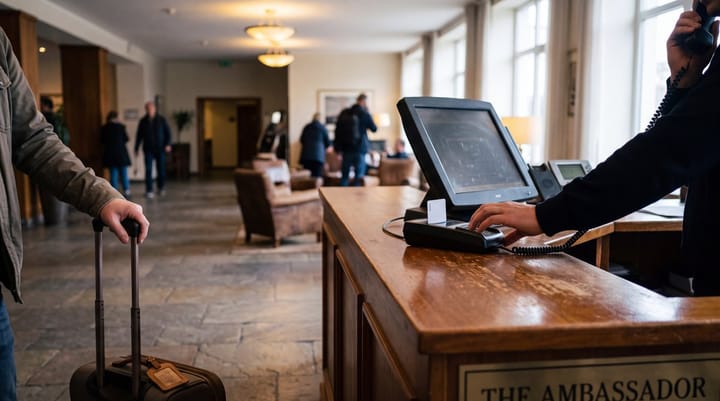 Hotel clerk corrects a traveler’s room preference at reception, reaching between phone, key-card encoder, and reservation terminal.
