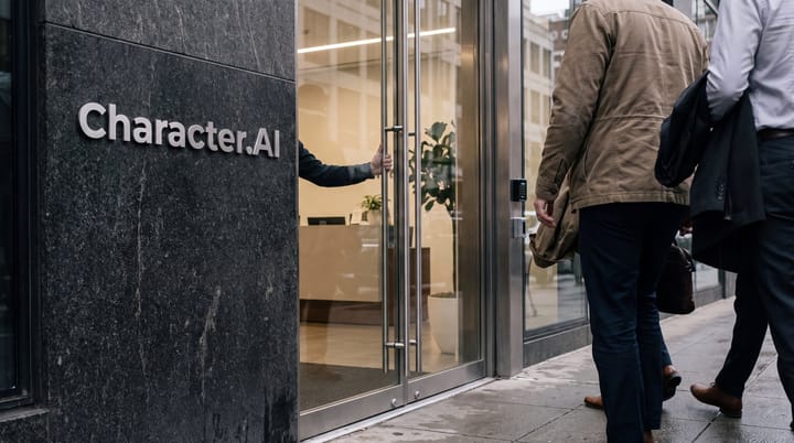 Character.AI office entrance with wordmark, glass doors, one person exiting and two entering on an overcast city sidewalk.
