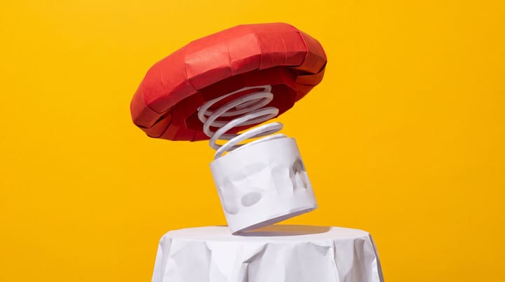 Oversized red paper emergency-stop button tilts on a flimsy white spring against a vivid yellow background.