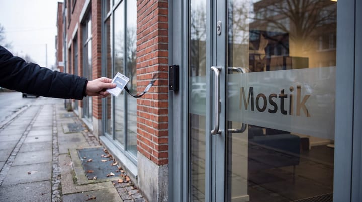 Mostik R&D suite with glass entrance, reflections, and employee holding access badge beneath wordmark.