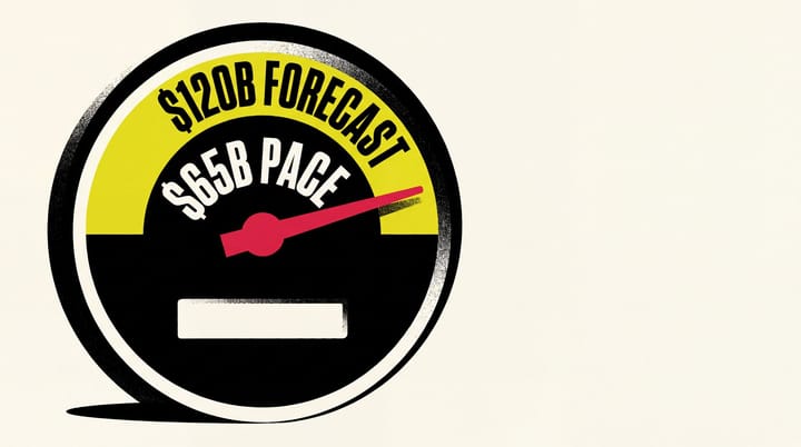 Black financial speedometer labeled $65B pace and $120B forecast, with a red needle and blank odometer.