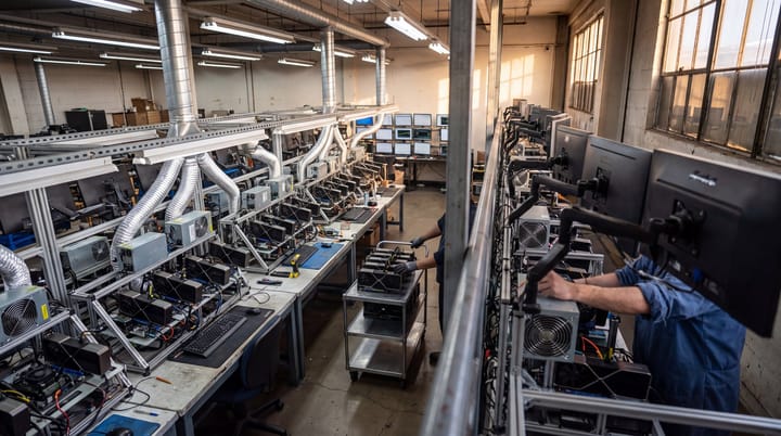 Used RTX 3090 graphics cards running workload tests in open rigs beside power supplies and cooling ducts.