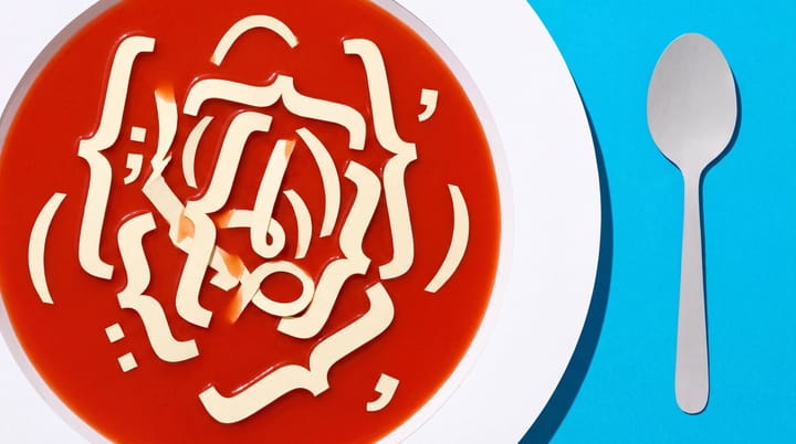 Cream punctuation-shaped pasta floats in red soup beside a silver spoon on a bright blue ground.