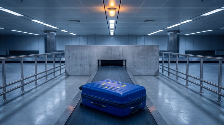 Blue hard case with yellow stars rides an airport conveyor toward a concrete wall opening.