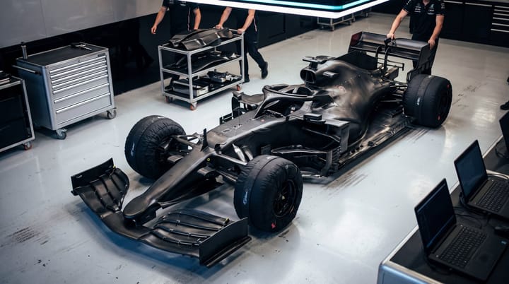 Formula 1 garage with matte car, lowered front-wing elements and open rear-wing gap during static DRS check.