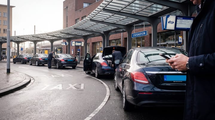 Dutch railway station ride-hail lane with taxi drivers, cars, and passenger pickups under canopy.