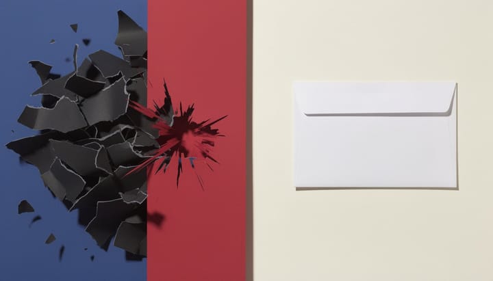 Black torn paper crashes against a red barrier, separated from an untouched sealed white envelope.
