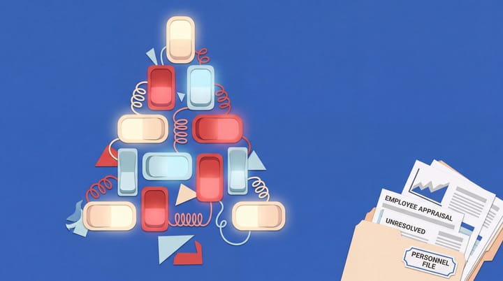 Glowing privacy toggles form a Christmas tree beside an exposed personnel folder filled with employee appraisal papers.
