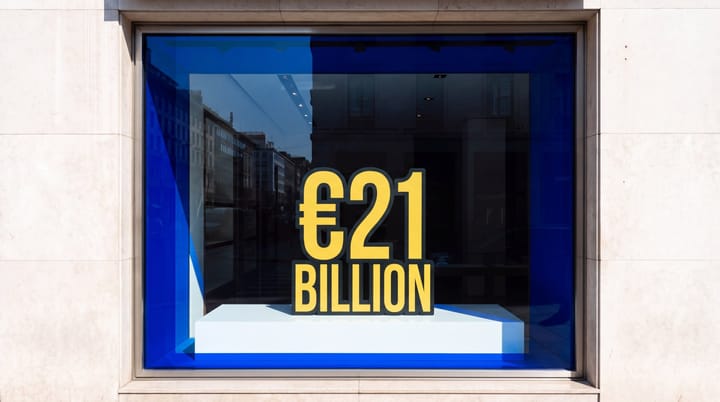 Empty blue luxury shop window displaying giant yellow €21 BILLION lettering above a bare white pedestal.