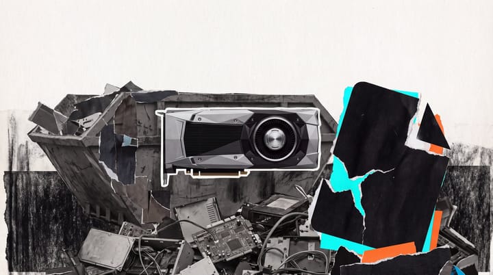 Pristine graphics card floats above an e-waste skip beside a monumental torn black file shape.