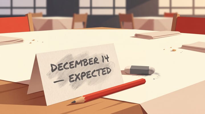 Penciled December 14 expected card, red pencil, and eraser rest on an empty restaurant table.