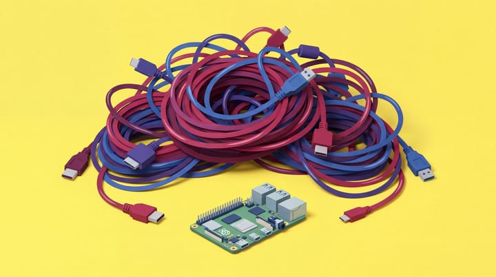 Small Raspberry Pi board sits before an enormous tangled mound of burgundy and blue cables.