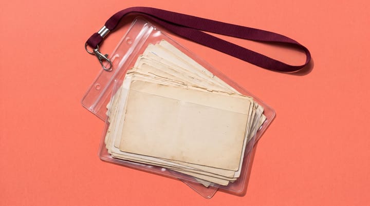 Burgundy lanyard and transparent badge sleeve holding a thick stack of worn blank index cards.