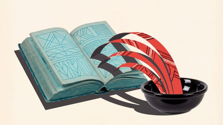 Scarlet patterned strips arc from an open cyan book into a glossy black basin.