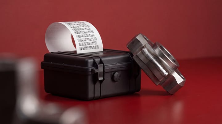 Rugged black case printing a bar-patterned receipt beside a welded steel workpiece on a red studio floor.
