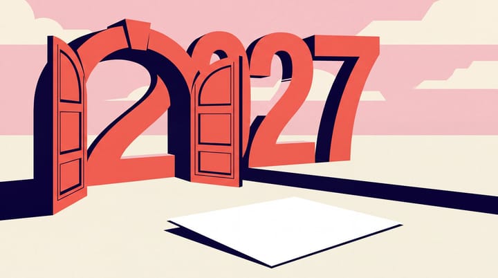 Open doors built into monumental coral 2027 numerals stand behind a blank invitation on a cream field.