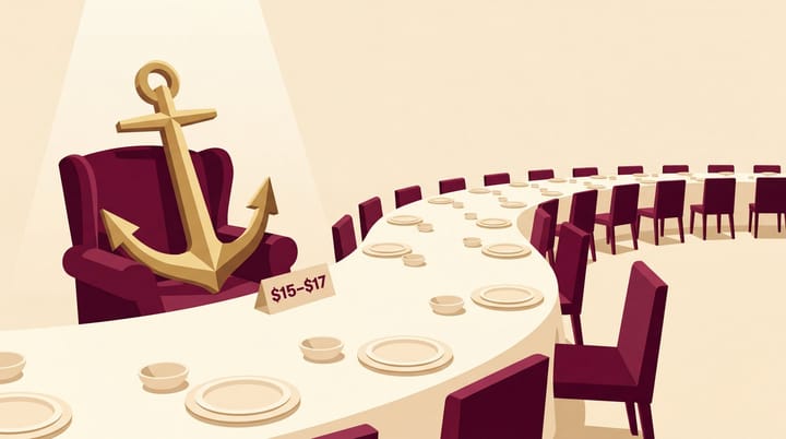 A giant gold anchor occupies a burgundy chair beside a long, empty banquet table.