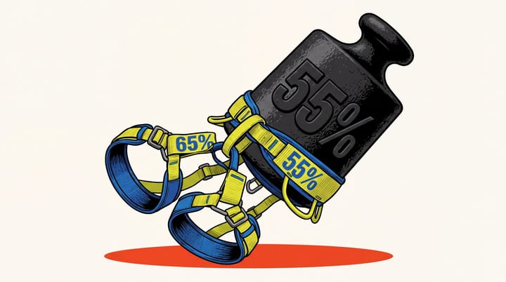 Black calibration weight fused with a yellow-and-blue climbing harness marked 65% and 55%.