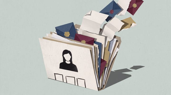 Oversized candidate dossier bulges with blank papers and sealed blue, burgundy and gold correspondence.