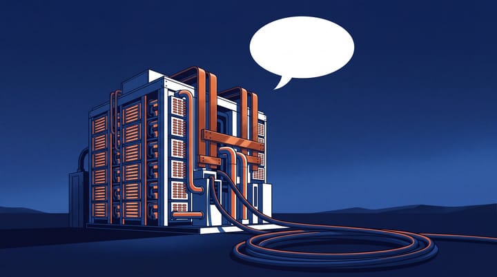 Illustrated accelerator rack with orange cooling pipes, a coiled power cable and a blank speech balloon.