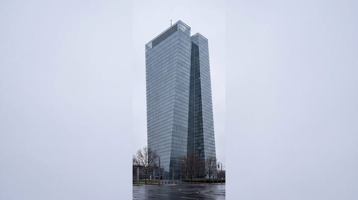 Tall glass office tower rises above a wet, empty street beneath an overcast sky.