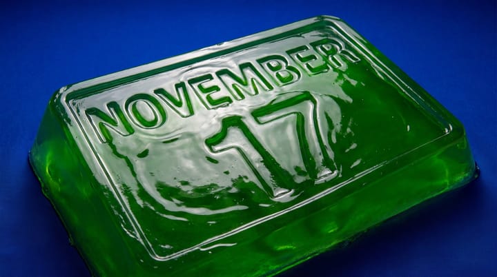 A translucent green gelatin tablet embossed with November 17 rests diagonally on a vivid cobalt surface.