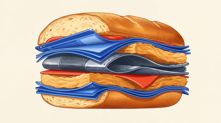 Illustrated panino stuffed with glossy blue sheets, red layers, insulation and folded riveted metal.